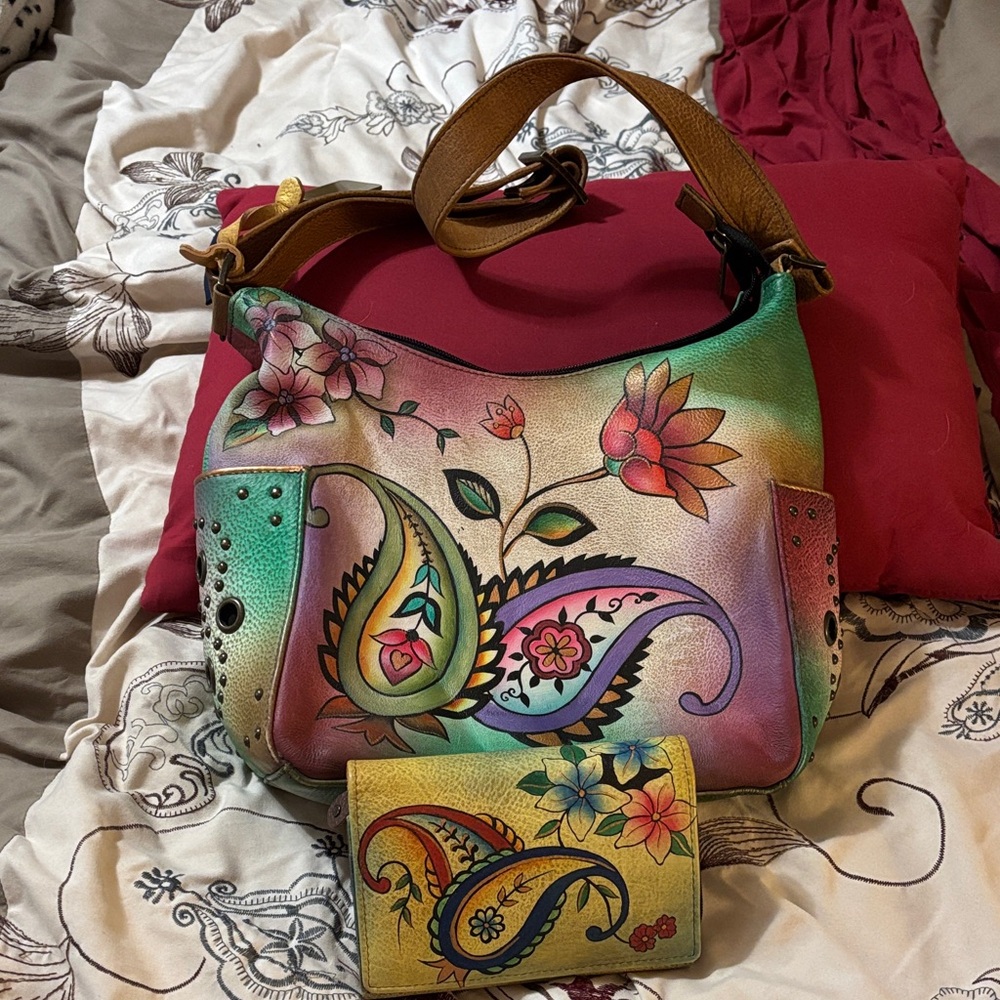 Anuschka Colorful Floral Shoulder Bag and Wallet